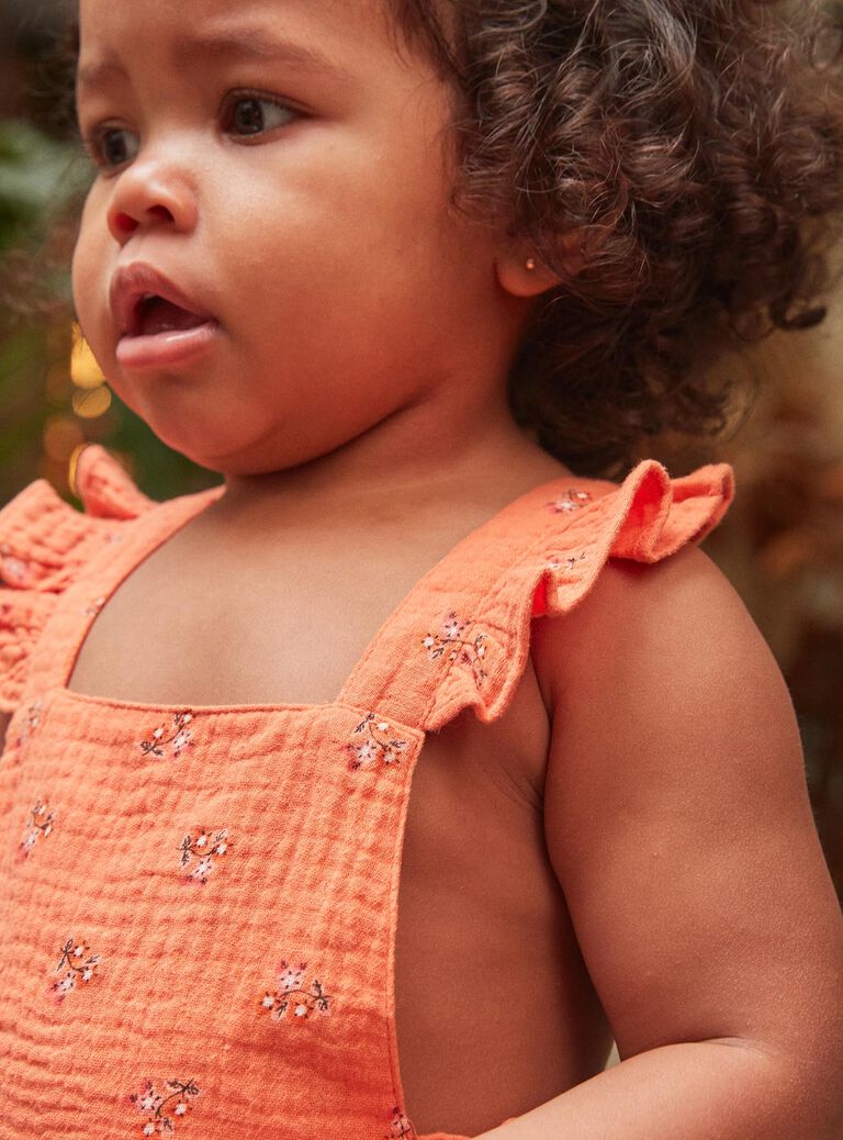 Robe chasuble orange en gaze de coton à imprimé fleuri