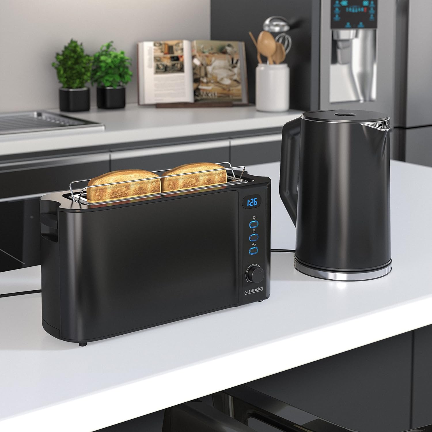 Arendo - Wasserkocher mit Toaster SET Edelstahl Schwarz, Wasserkocher 1,5L 40°-100°C Warmhaltefunktion Toaster 2 Scheiben LED-Display 6 Bräunungsgrade Brötchaufsatz