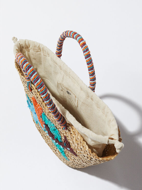 Bolsa de palha com miçangas e lantejoulas - Crua