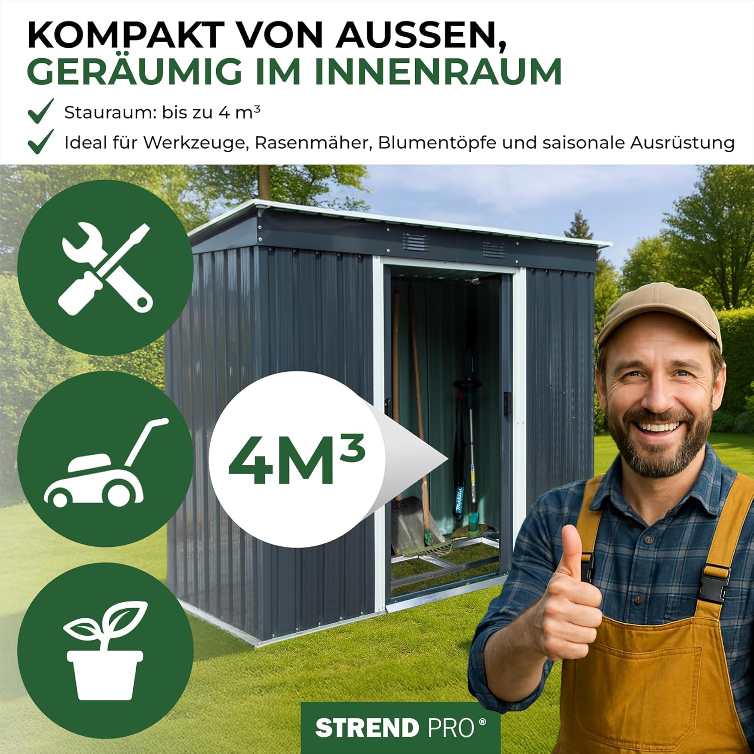 STREND PRO Metall Gartenhaus mit Unterbau, Anthrazit, 205 x 96 x 174 cm | Solide & Langlebig | Geräteschuppen mit 2 Schiebetüren | Garten gerätehause | Gartenlaube | Blechhütte | Fahrradgarage