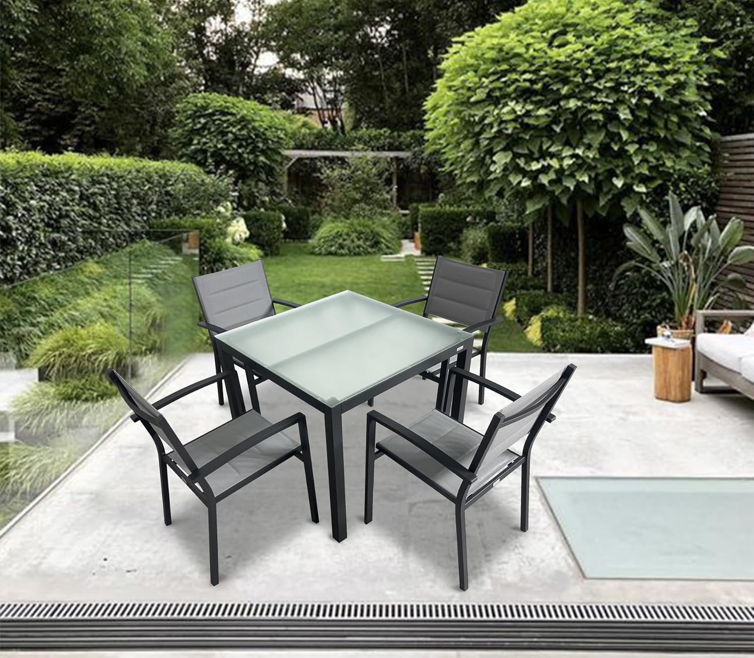 MOMMA HOME Gartentisch, Aluminium und gehärtetes Glas, quadratisch, für den Außenbereich, 90 x 90 x 74 cm, Grau