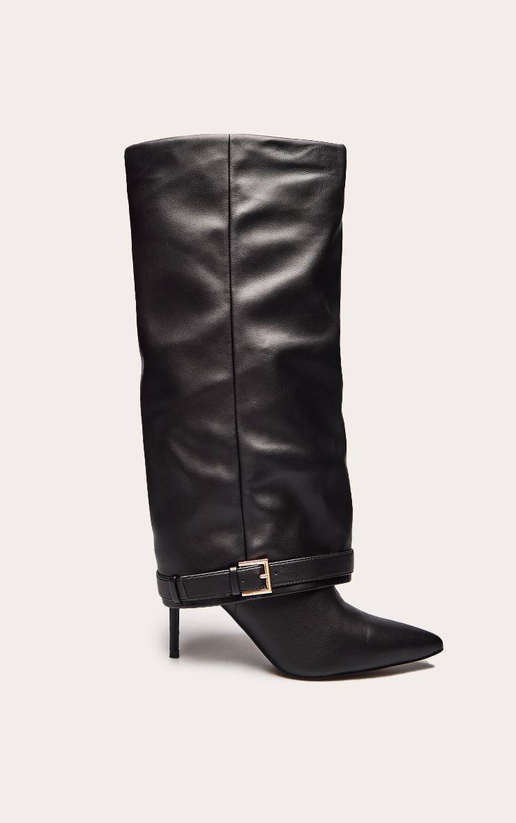 Noir Botte Haute À Talon Avec Revers Et Détails De Boucles