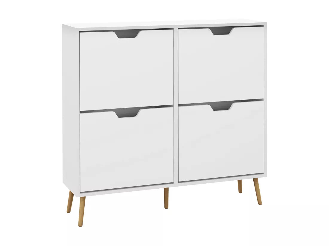 Meuble à chaussures design scandinave 4 portes abattantes 4 étagères réglables bois pin panneaux blanc