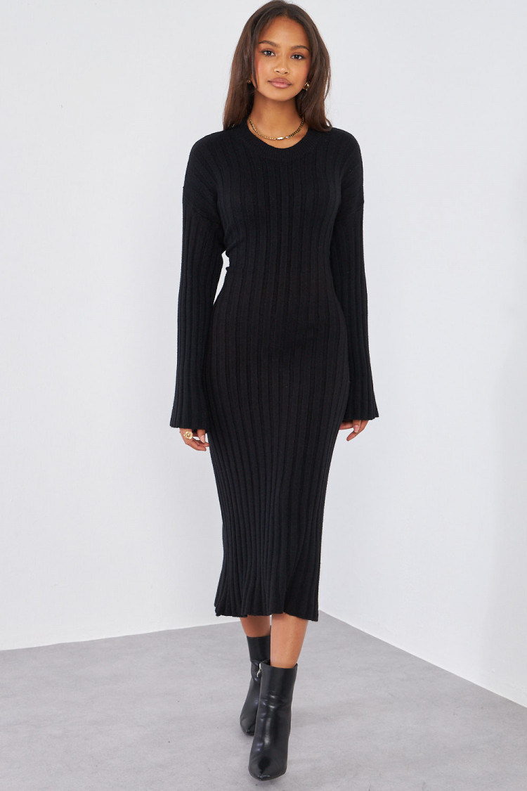 Robe noire moulante longue côtelée