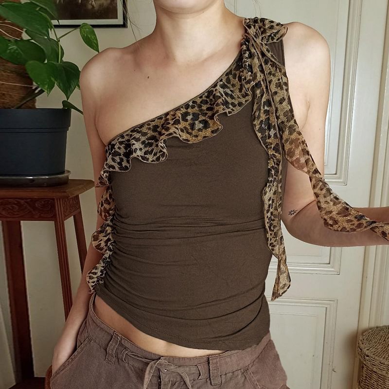 Trisica - Slim-fit tanktop met luipaardprint en één schouder, geplooid en getailleerd