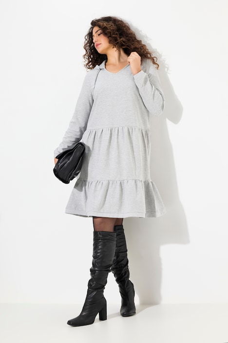 Sweatkleid, Kapuze, A-Linie, V-Ausschnitt, Langarm
