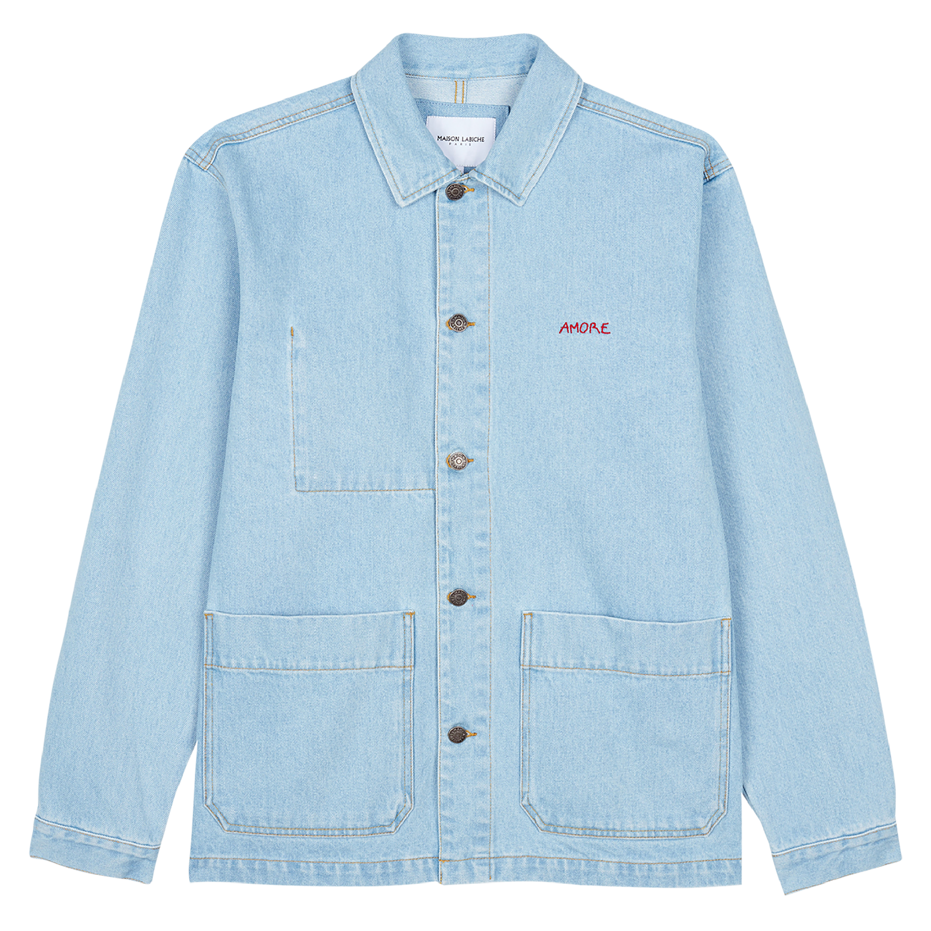 AMORE - Veste col classique brodée AMORE en jean | Jean Délavé