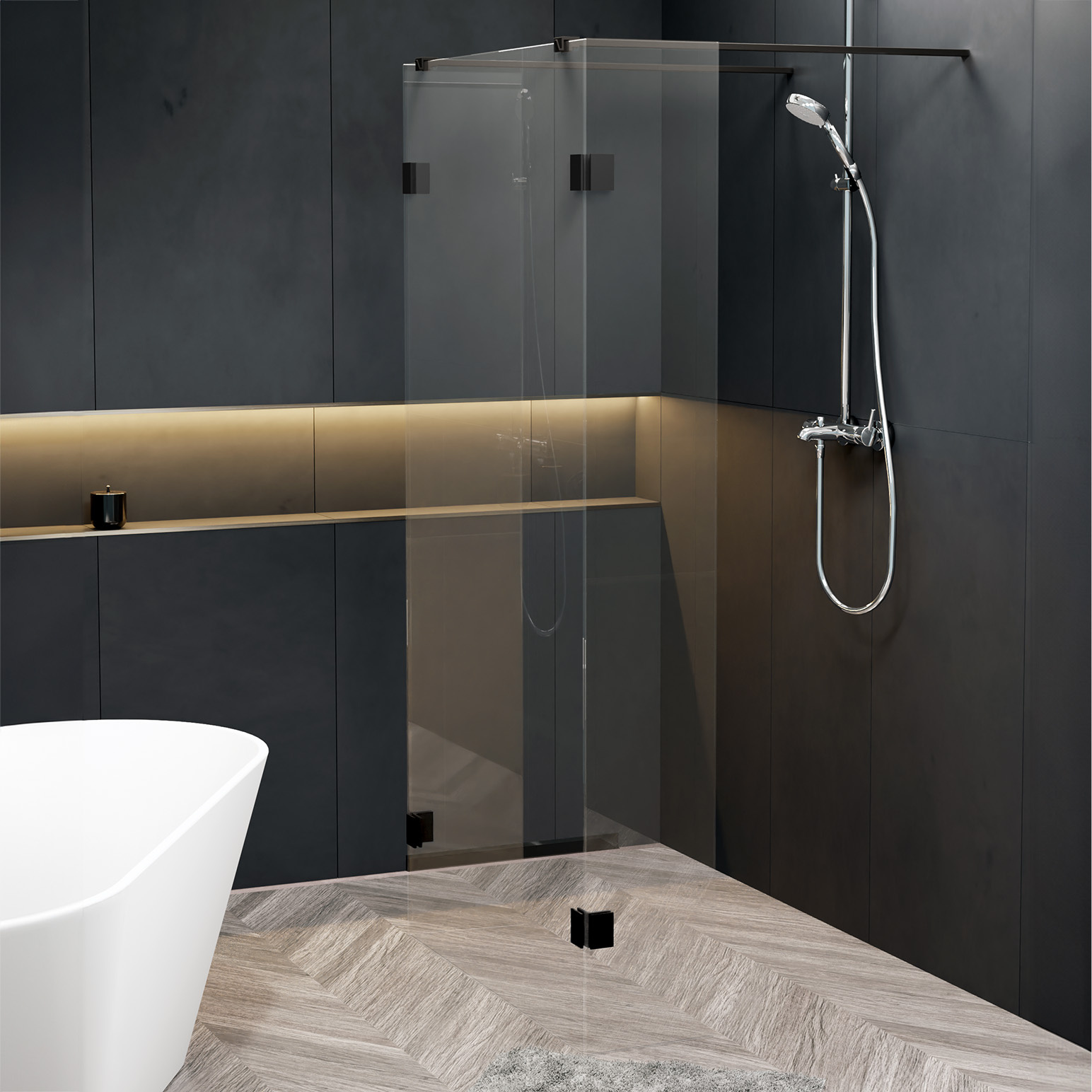 Riho Scandic X202 vrijstaande douchewand 115cm met 30cm zijwand zwart mat