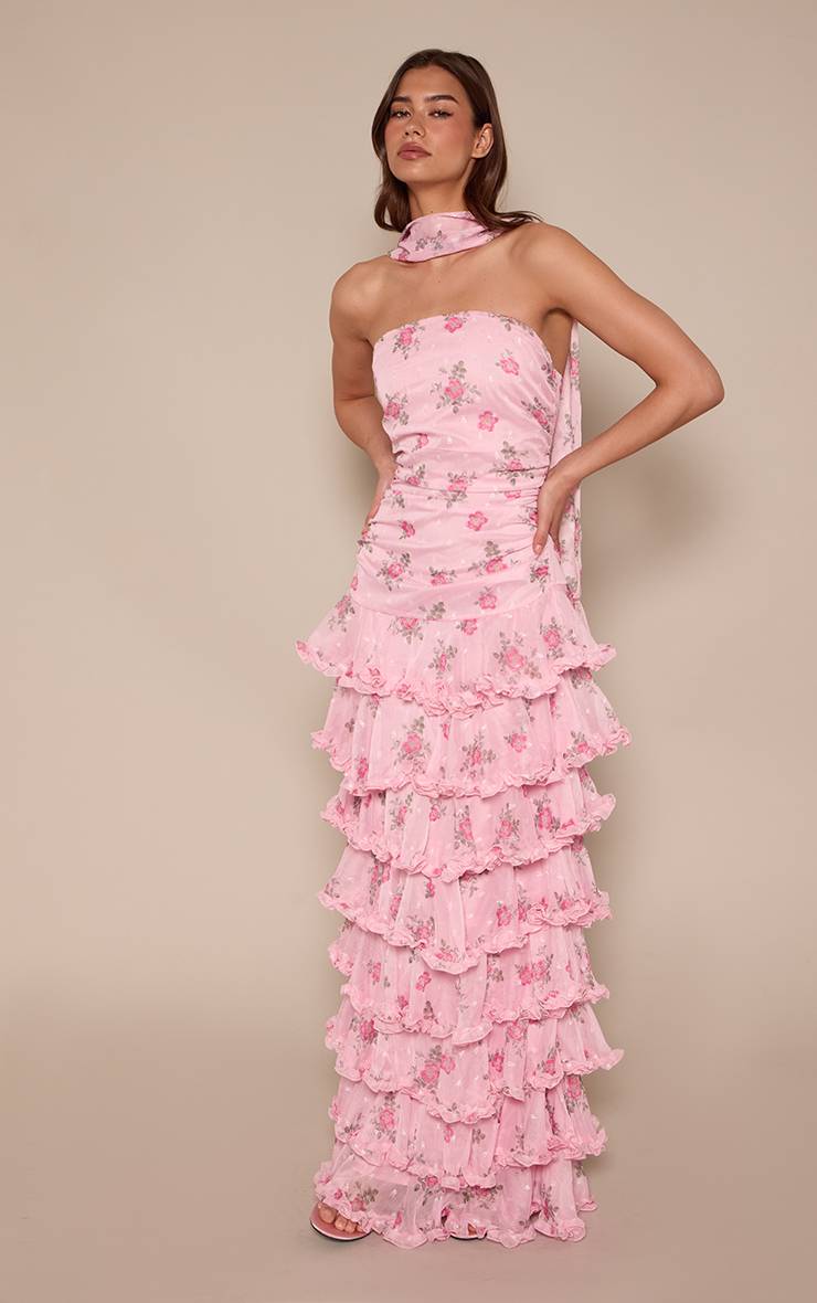 Rose Robe Maxi À Volants Étagés En Mousseline Florale À Imprimé Fleuri Ditsy