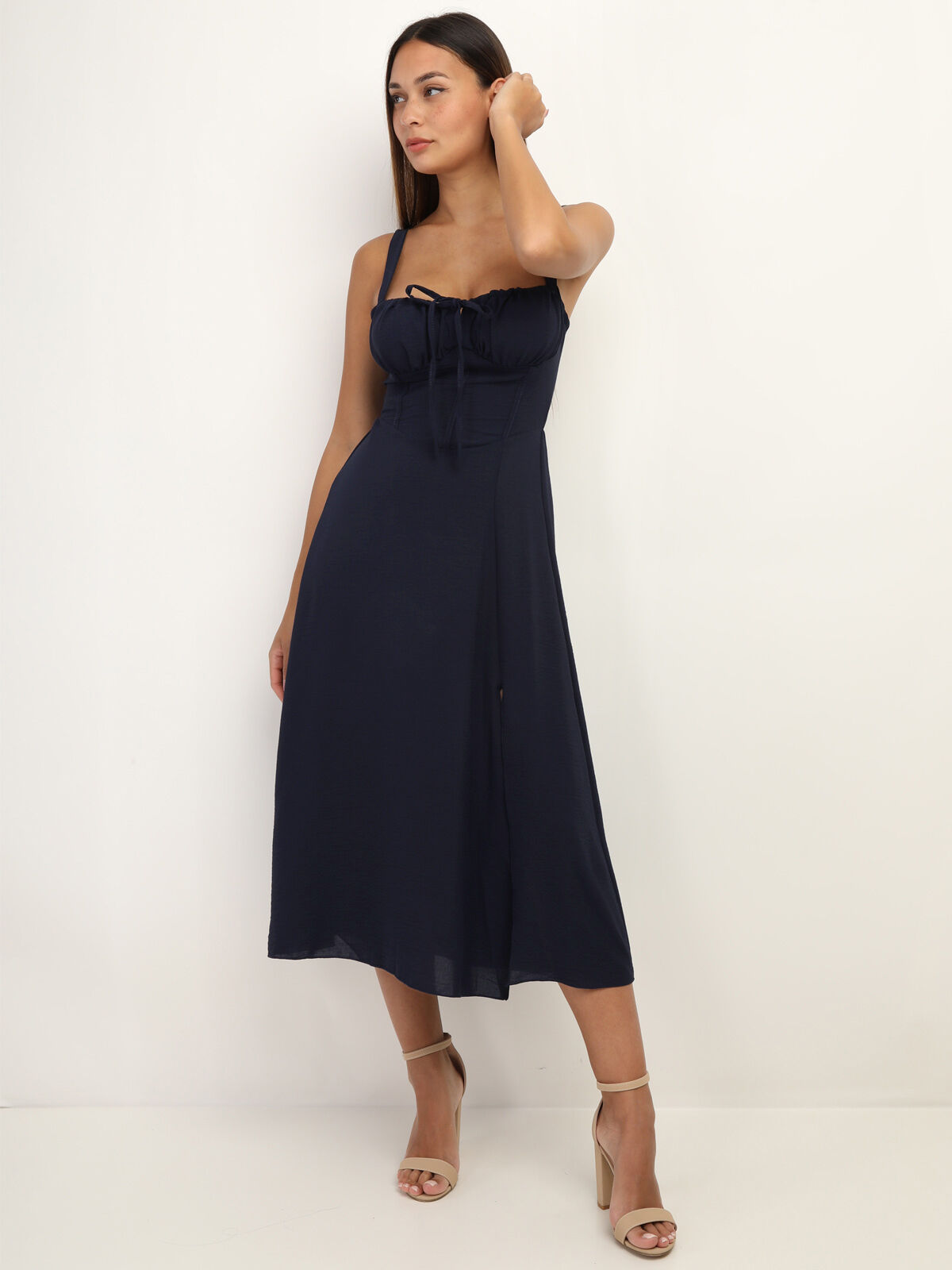 Robe corset mi-longue à fente- Bleu marine