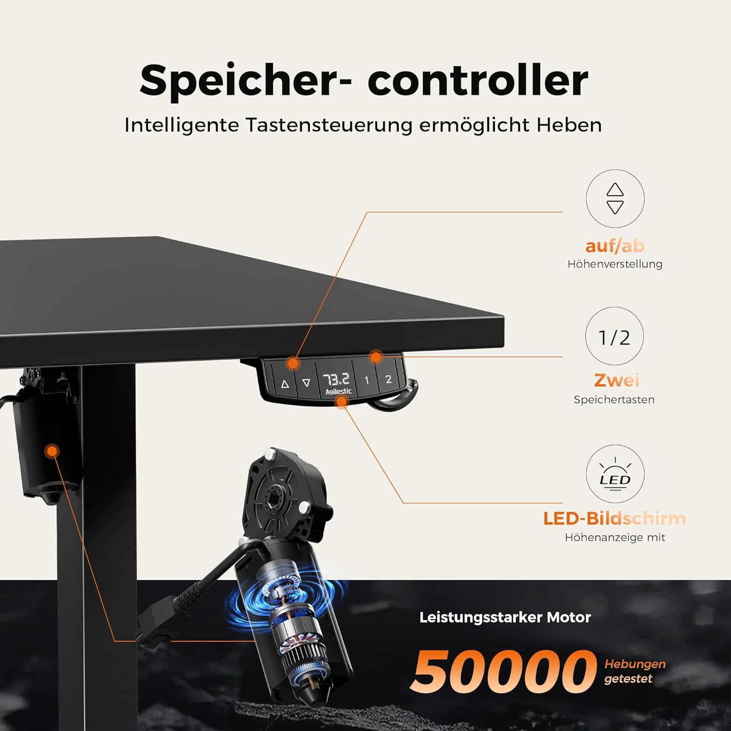 Agilestic Höhenverstellbarer Schreibtisch 180 x 80 cm, Stabiler Schreibtisch Höhenverstellbar Elektrisch mit Memory-Handsteuerung, Ergonomischer Steh-Sitz Tisch Computertisch, Schwarz