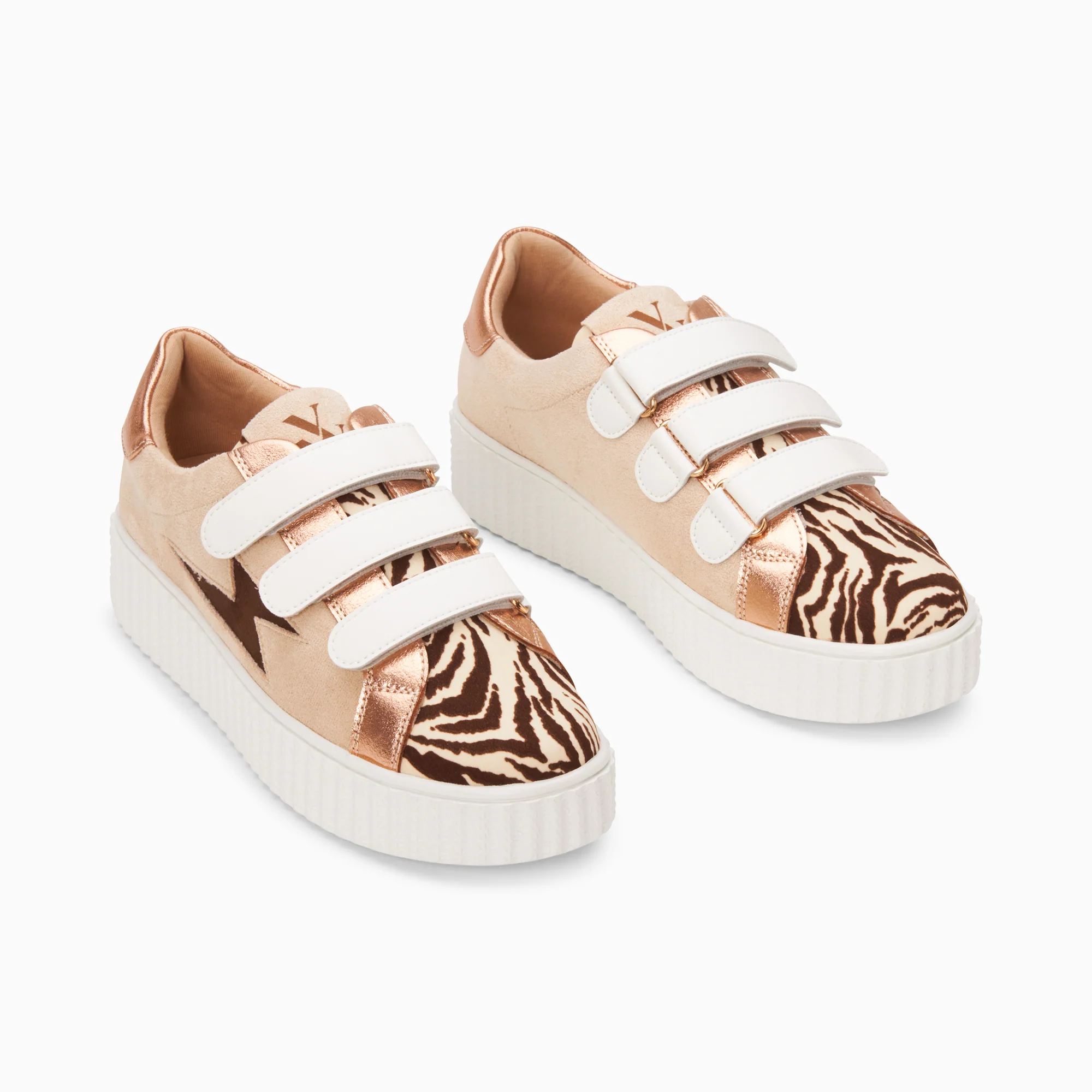 Sneakers-Baskets éclair Ingrid beige et zèbre chocolat à scratchs