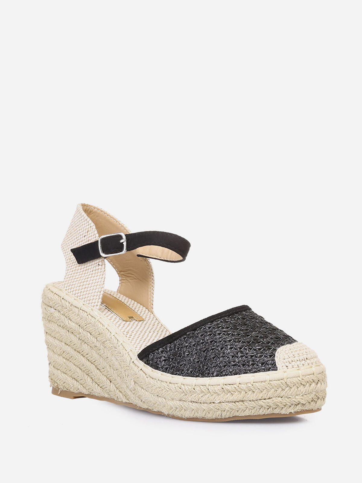 Espadrilles compensées effet paille tressée- Noir