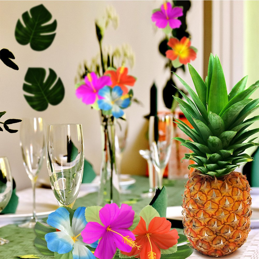 (60-tlg. Set) Deko Kunstblätter Sommer Party Palmenblätter / Hibiskusblüten