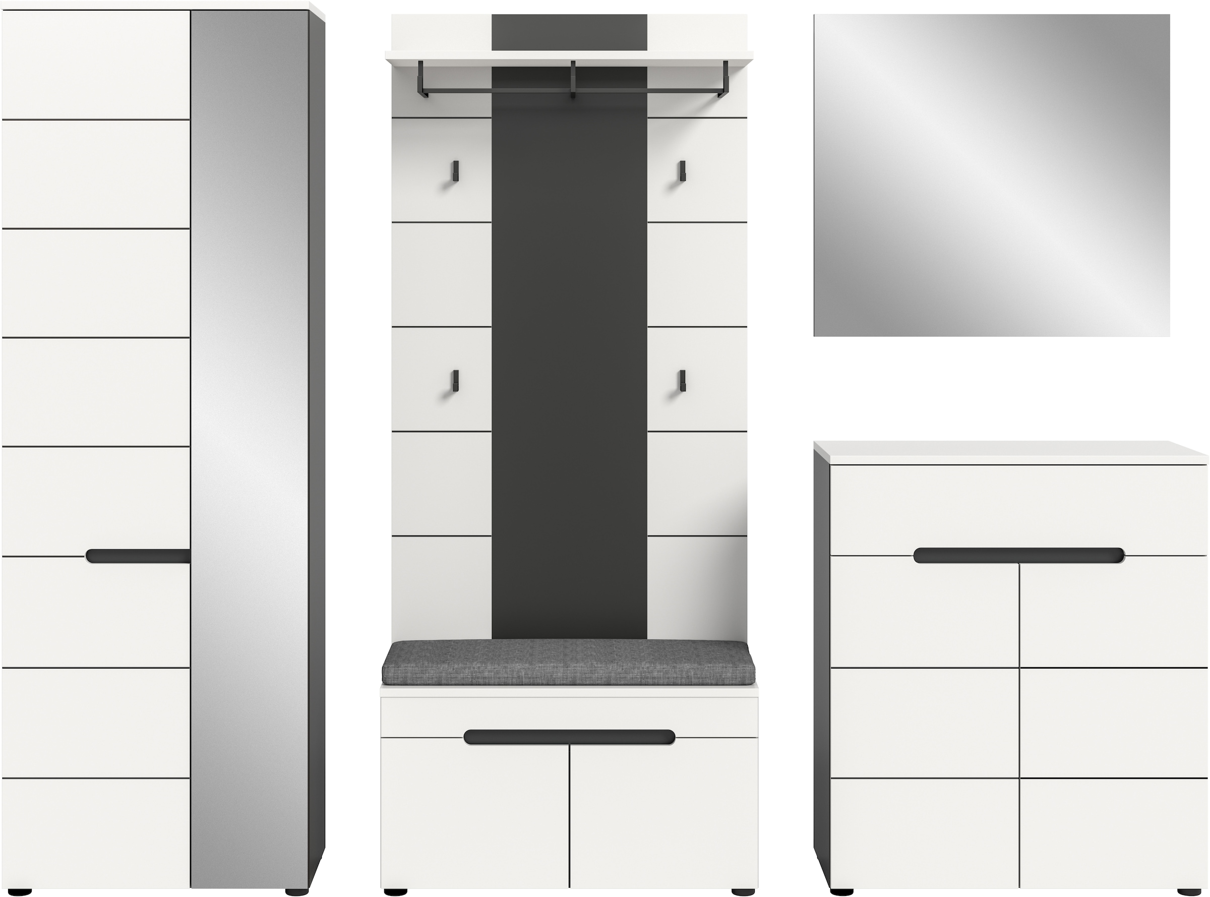 INOSIGN Garderoben-Set »REHAT, TOPSELLER!, 5-teilig, Breite 255 cm, individuell erweiterbar« Set, bestehend aus: Schrank, Sitzbank, Sitzkissen, Paneel, Spiegel, Kommode, 6 Stk. tlg.