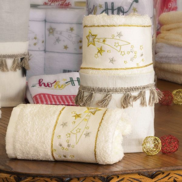 Panos Cozinha Natal Gold Stars com Cesto em Linho Bege - PCOZ0127
