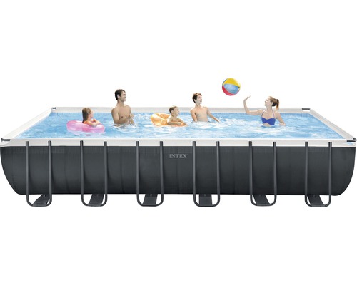 Intex Ultra Quadra XTR rechthoekige opzetzwembadset, 732 x 366 x 132 cm, inclusief zandfiltersysteem, ladder, afdekking, bodembeschermvlies & aansluitslang, grijs