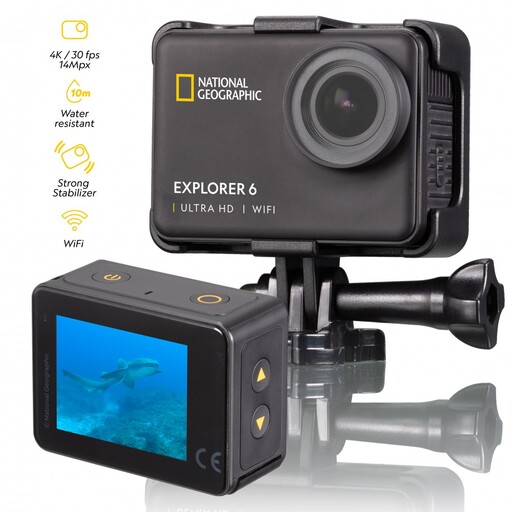 Câmera de ação National Geographic Explorer 6 4K Ultra HD para esportes com acessórios inclusos.