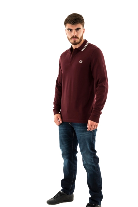 Polos manches longues fred perry m3636 597 ox blood / ecru / ecru
