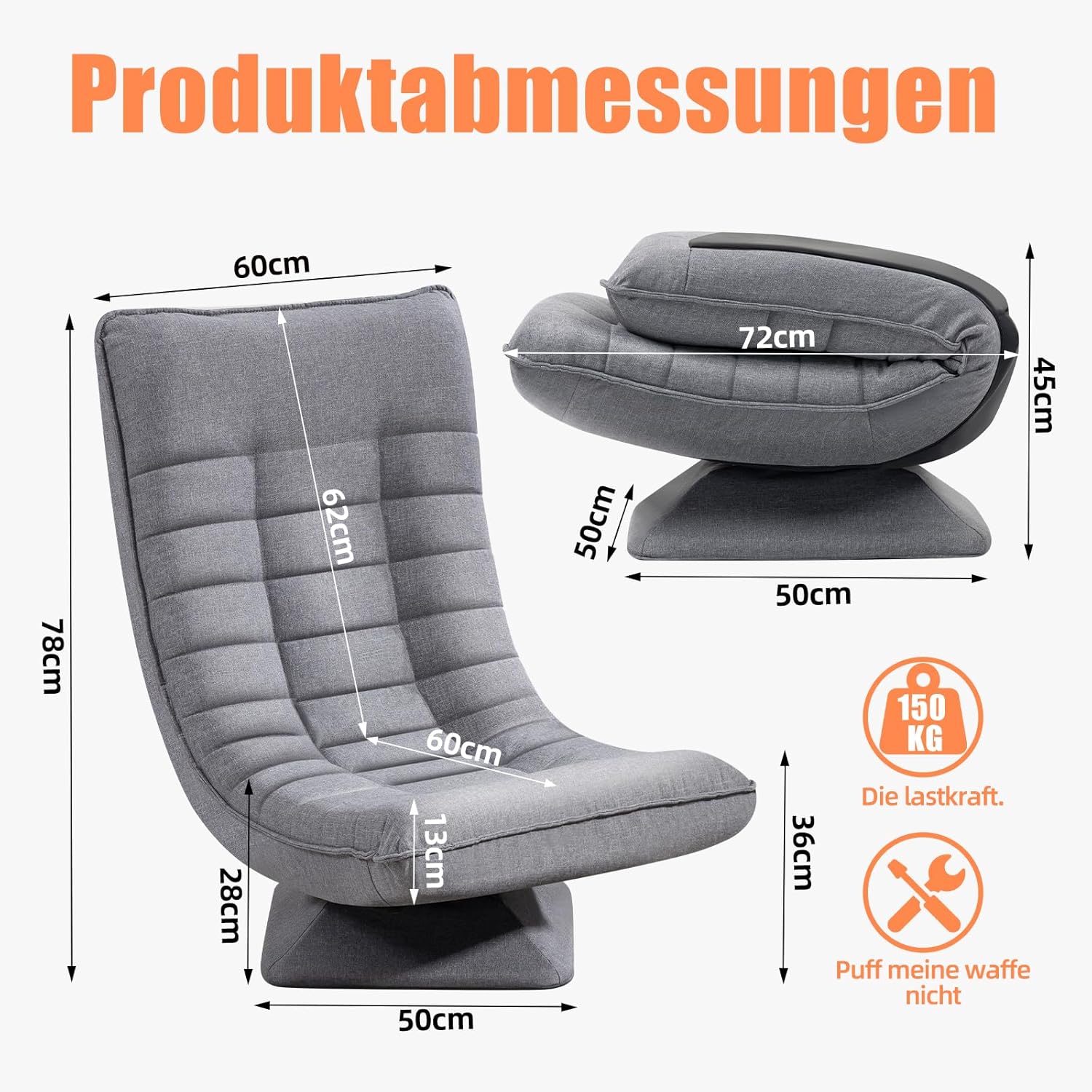 Bodenstuhl verstellbare Rückenlehne, 360° Drehbar Klappbar 150kg Gepolstert, Gaming Sessel Wohnzimmer Relaxsessel, Atmungsaktive Leinen Fernsehsessel, Lesesessel, Bodensessel, Grau
