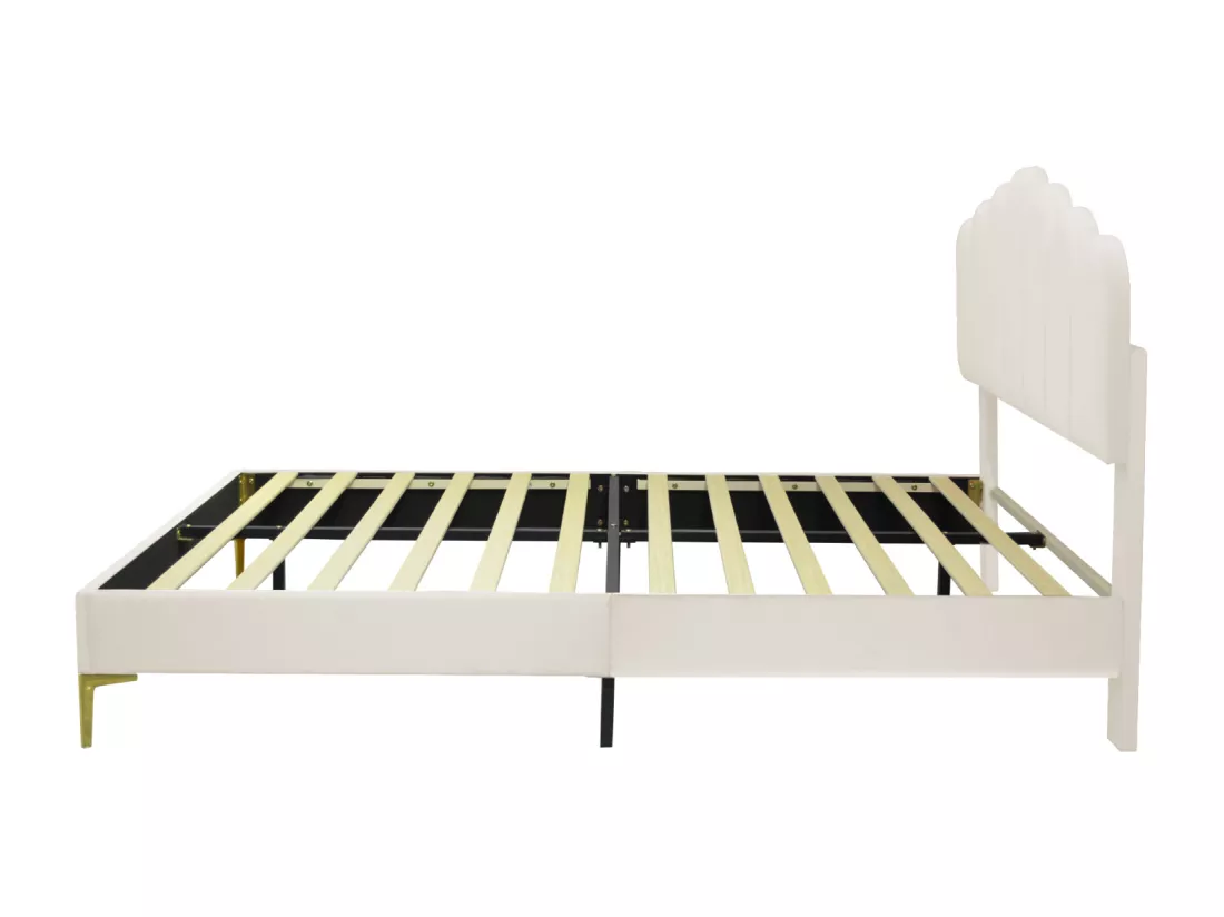 Lit double rembourré en velours - 140x200cm - tête de lit en forme de fleur - avec sommier à lattes - Beige