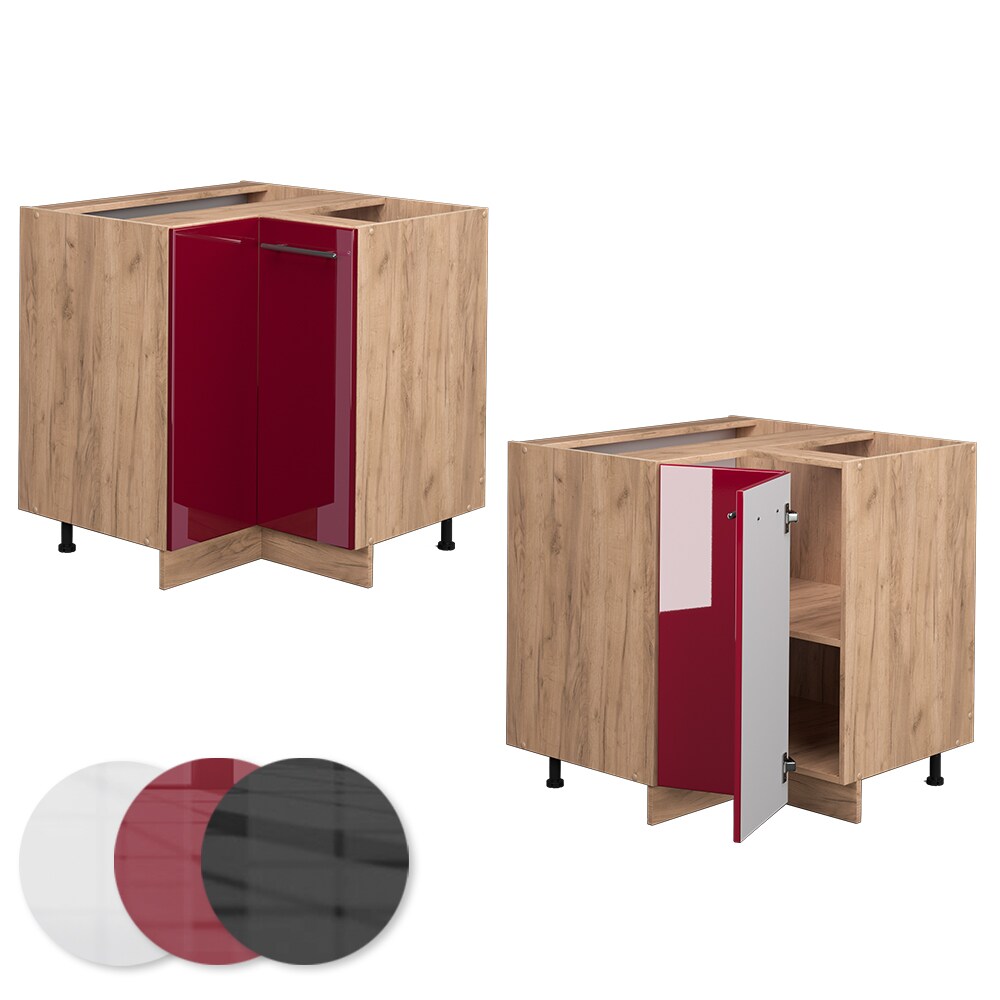 Vicco Eckunterschrank Küchenschrank Küchenmöbel Fame-Line Eiche Rot Bordeaux modern 87 cm Küche Eckküche Einbauküche Doppel-Drehtür Einlegeboden Blende Küchenzeile Hochglanz