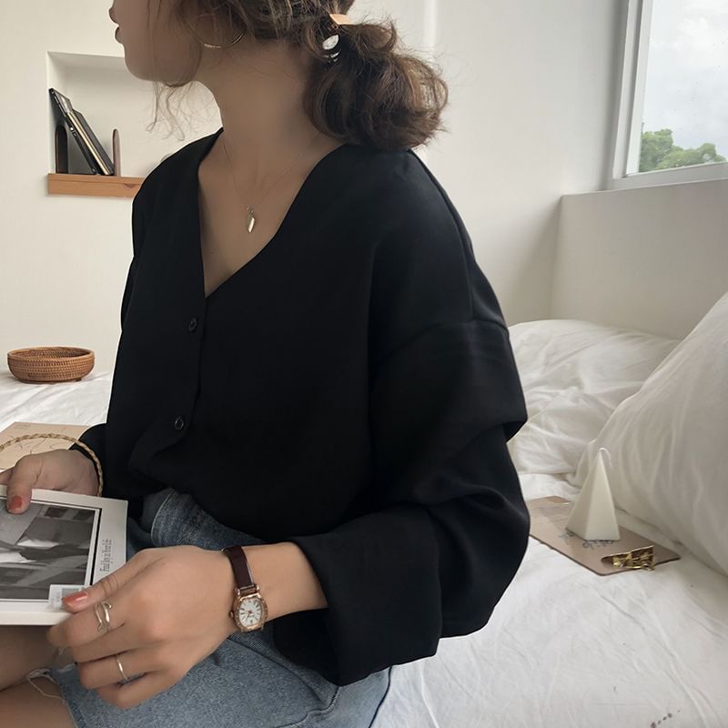 Alfie - Blouse van effen chiffon met lange mouwen en V-hals