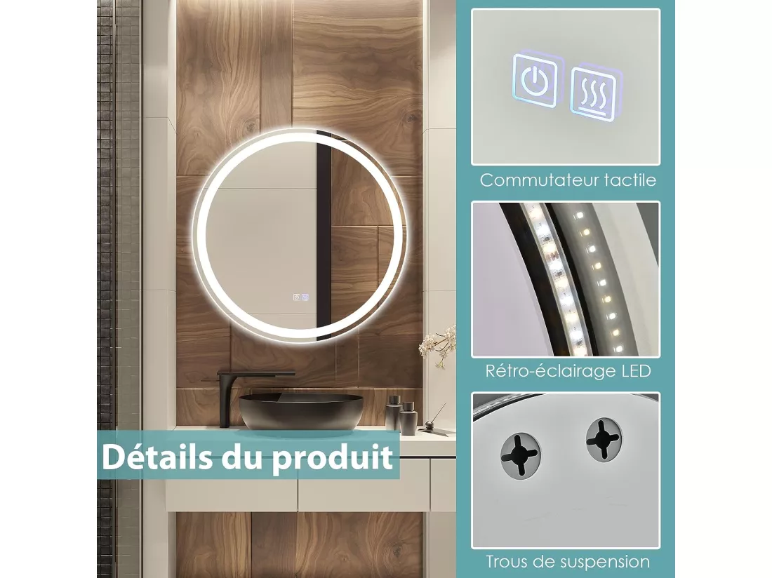 Miroir de Salle de Bain LED, Anti-Buée , ø 60 cm, Miroir Mural Lumineux avec 3 Eclairages Blanc Froid/Neutre/Chaud, Miroir LED Rond avec Interrupteur Tactile et Fonction
