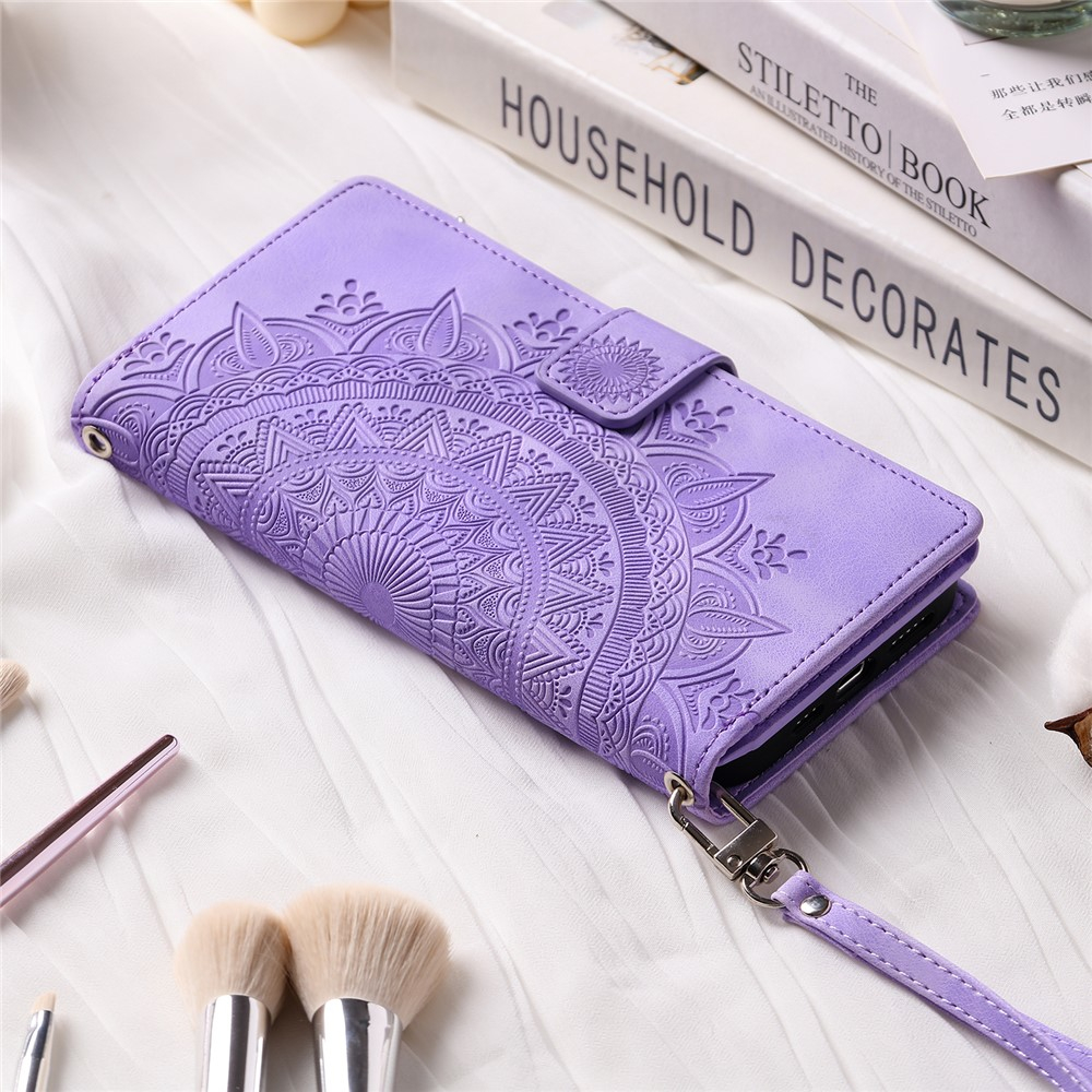 Samsung Galaxy A26 / A17 Leder Tasche Flip Cover mit Reissverschluss - Mandala Flowers Imprint - Lila