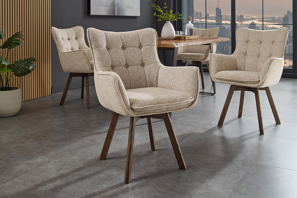 Drehbarer Stuhl THOR beige Strukturstoff braun Wenge Eichenholz 360° mit Armlehne