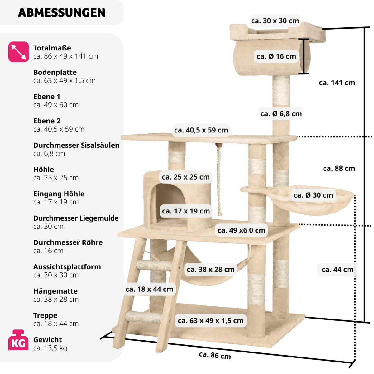 tectake Stokeley 141 cm krabpaal inclusief speeltouw en anti-kantelvoorziening
