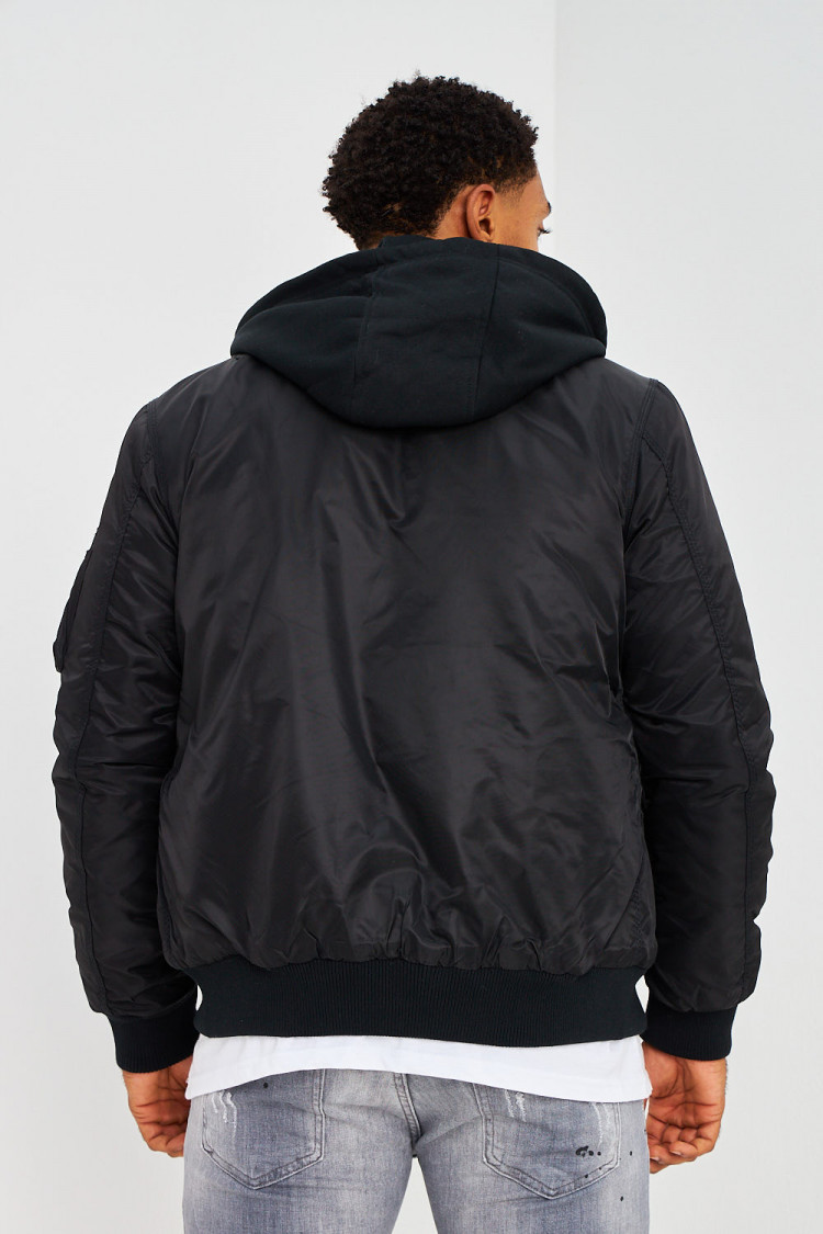 Bomber épais noir avec capuche noire en coton amovible