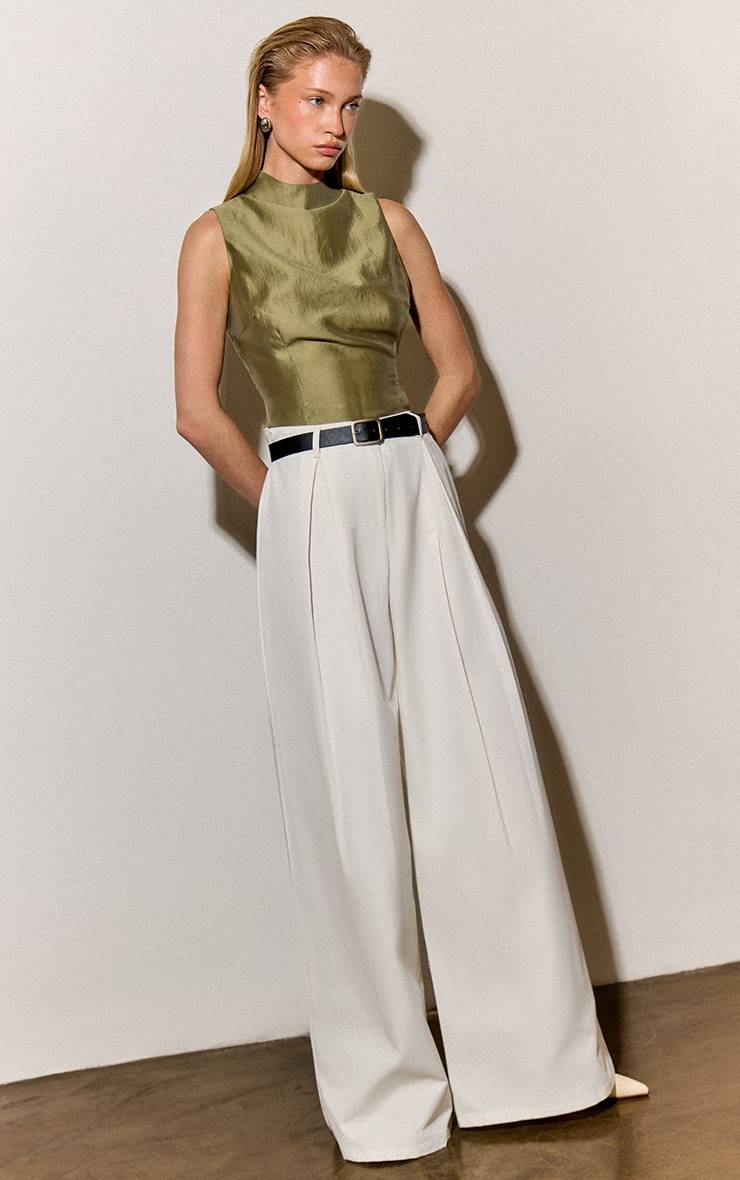 Vert Olive Haut Long En Organza Froncé