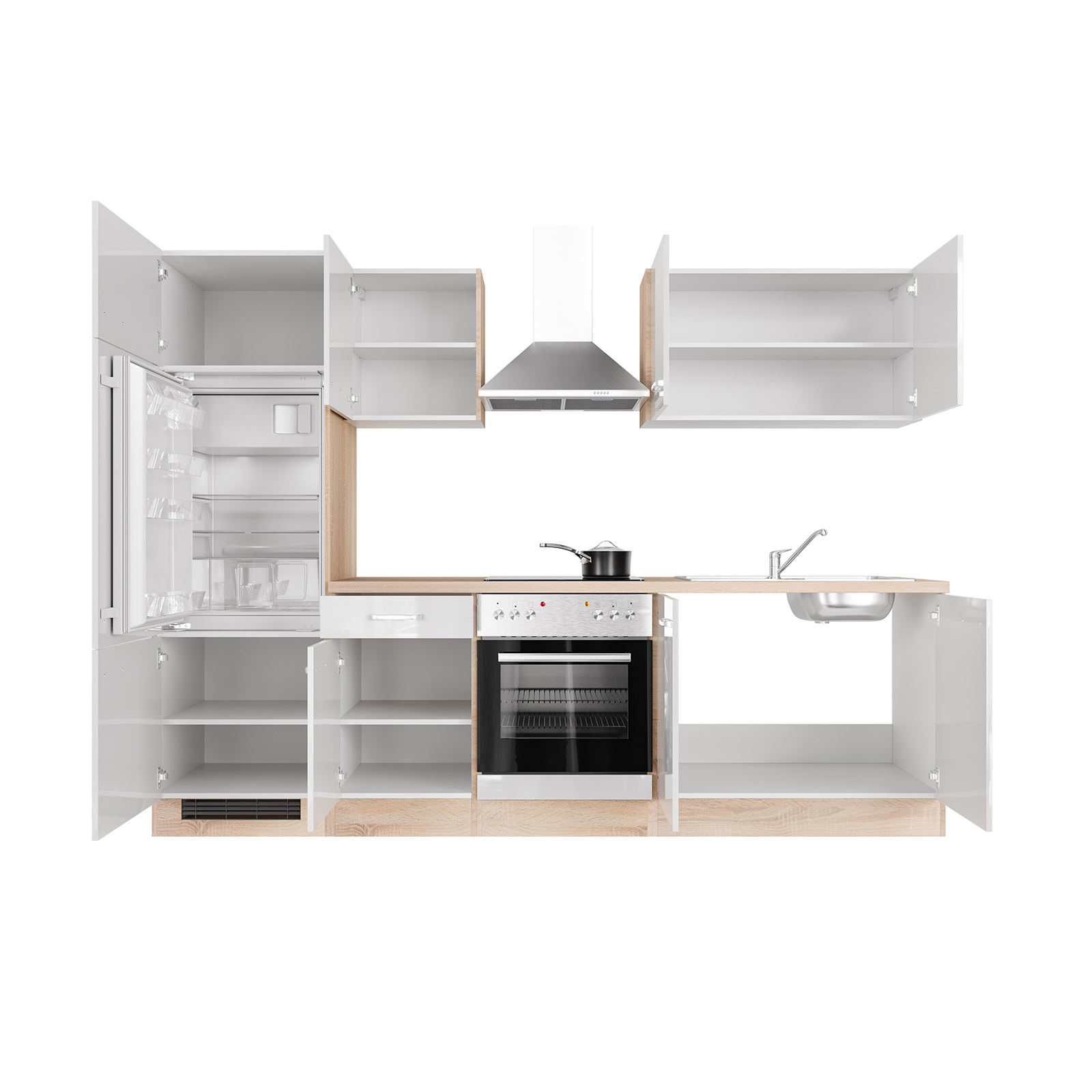 Küchenblock VALERO - weiß Hochglanz - Sonoma Eiche - mit E-Geräten- 270 cm