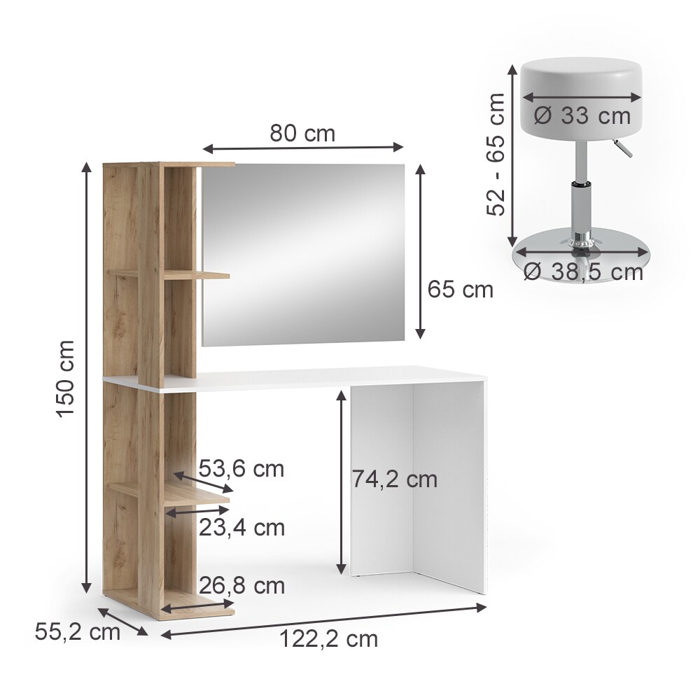 Vicco Schminktisch Tower Weiß Sonoma 122 x 55 cm mit Spiegel und Hocker