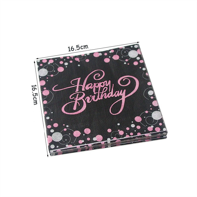 (16er Set) 33x33cm Happy Birthday Einweg Servietten Party Tisch Dekoration - Schwarz / Pink