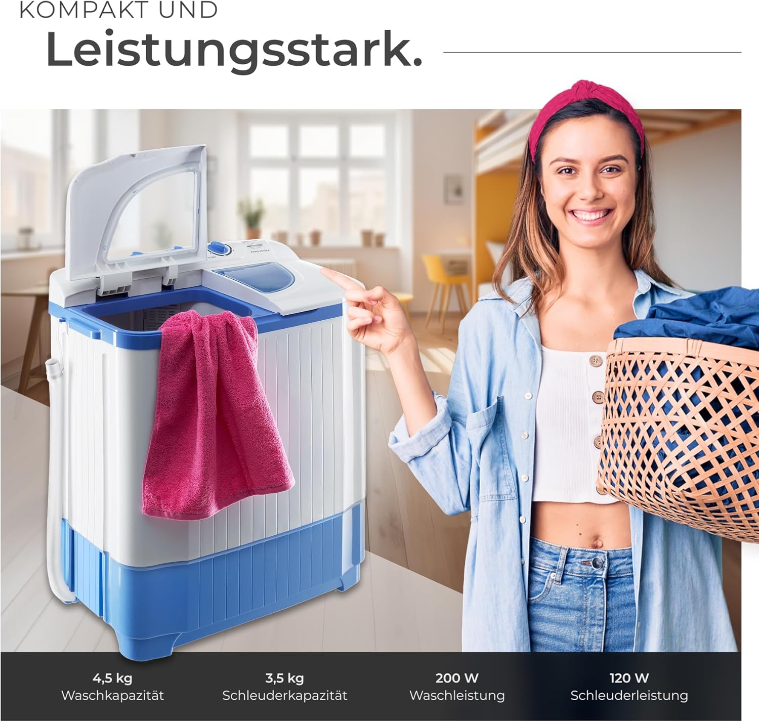 tectake® portable, mobile 4,5 kg Mini Waschmaschine + 3,5 kg Wäscheschleuder Kombination, Toplader für Camping und Reise, Toploader Reisewaschmaschine