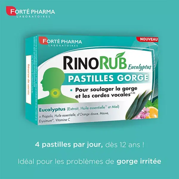 Pastilhas para garganta e tosse Forté Pharma RinoRub com eucalipto e hortelã-pimenta, 20 comprimidos
