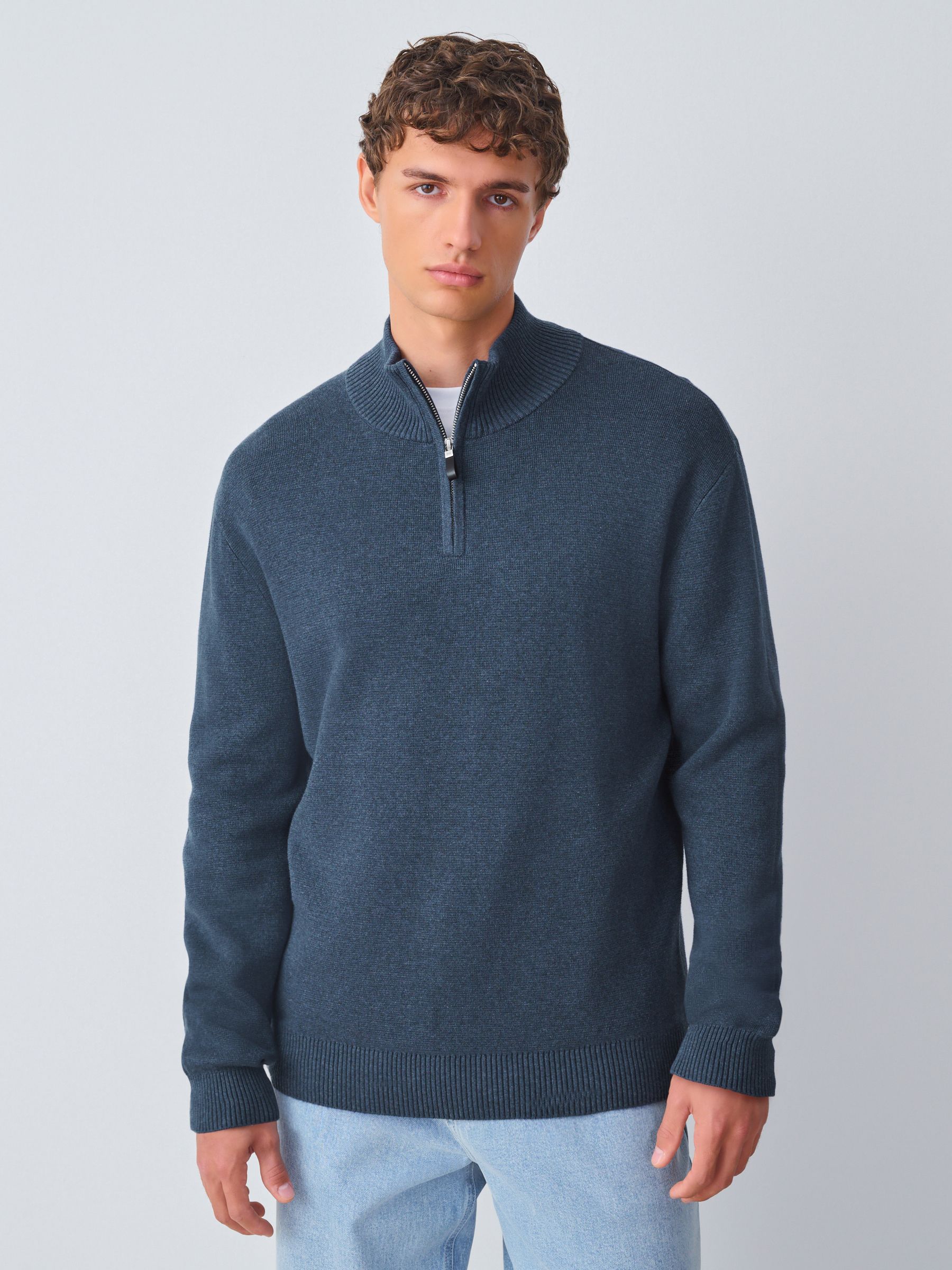 Normaal blauw - Effen - Regular fit 100% katoenen premium trui met korte rits