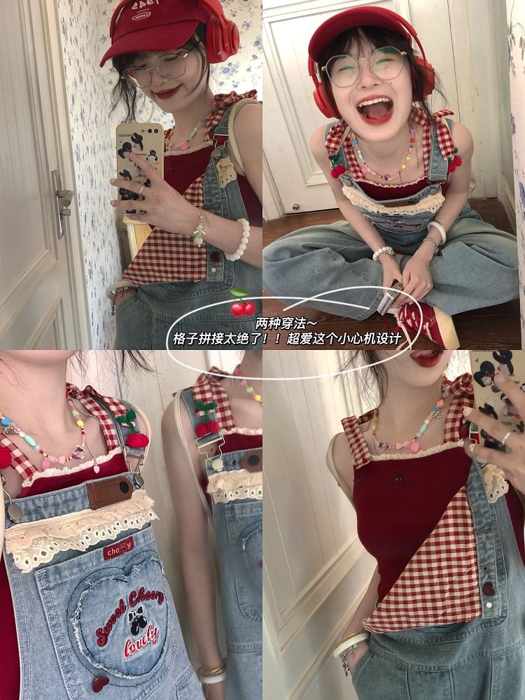 Autuna - Denim trui met geborduurde kant en letters / camisole top / set