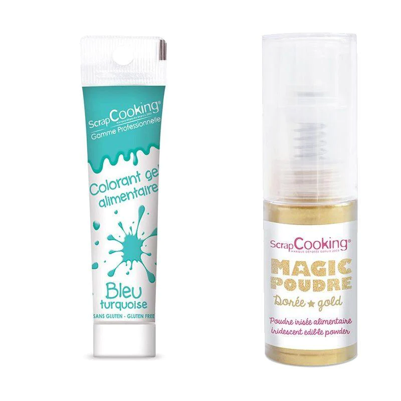 Gel colorant alimentaire bleu turquoise + Poudre alimentaire irisée do
