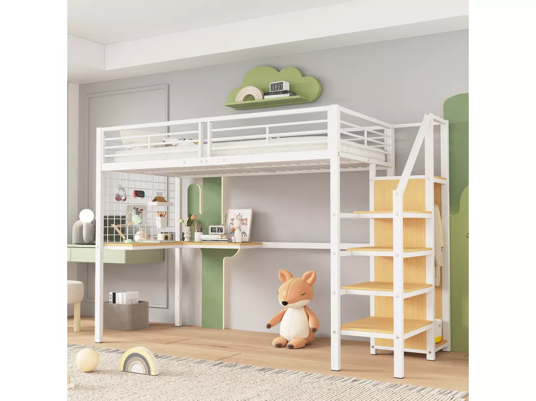 Lit mezzanine 90 x 200 cm avec bureau d'angle et armoire - fer + panneaux de particules - blanc + naturel