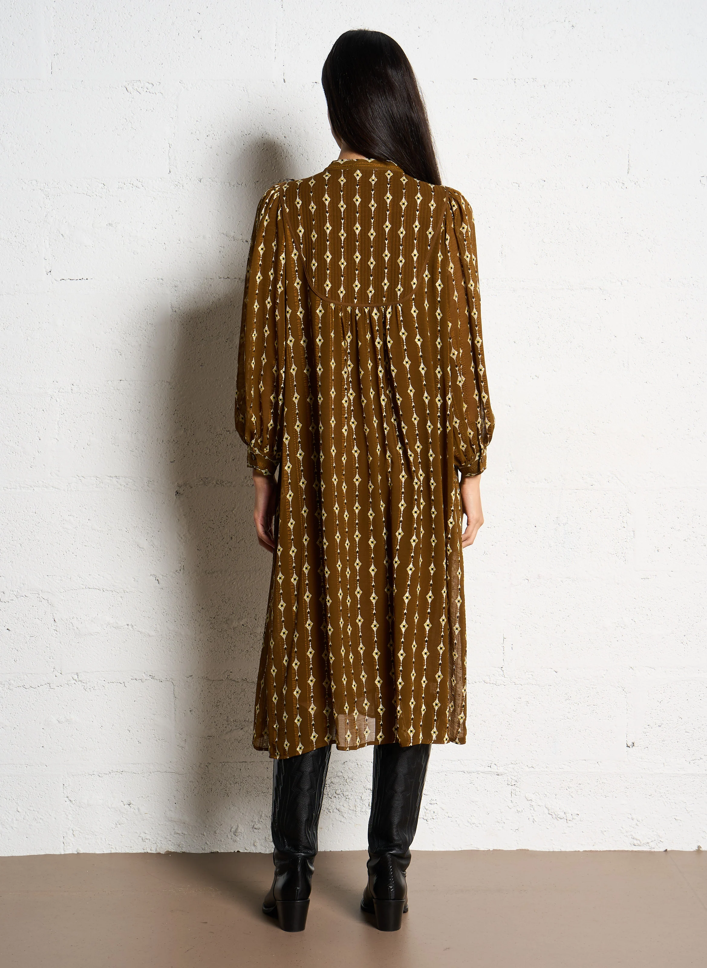 Robe longue col V imprimée | Marron