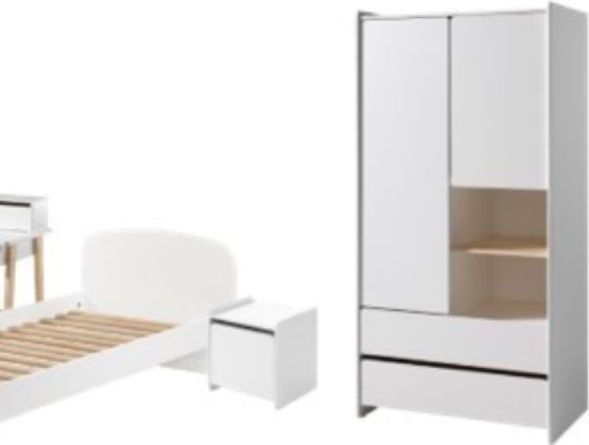 Kinderkamer Kiddy - Wit - Bed 90x200 cm - Nachtkastje - Kledingkast 2-deurs 90x55x180 cm