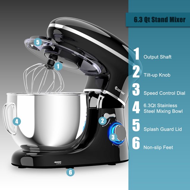 Batedeira de pedestal Costway de 6 velocidades, 660 W, com gancho para massa e batedor de arame, 6,3 qt (6,3 litros), branca.