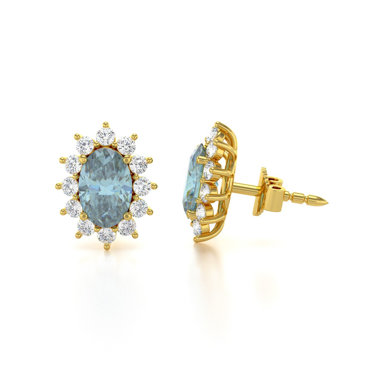 Boucles d'oreilles ADEN Or 585 Jaune Fleur Aigue-Marine et Diamants 1.4grs