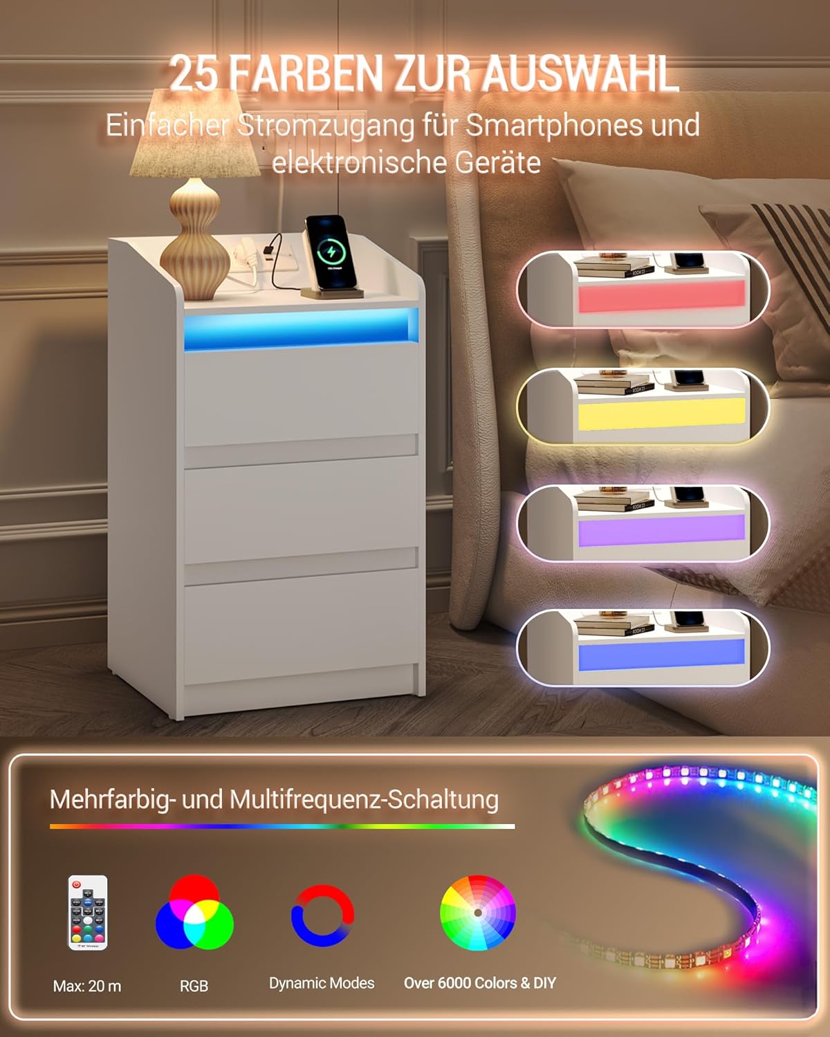 Hzuaneri Nachttisch 2er Set mit 3 Schubladen, Beistelltisch mit Ladestation und LED, 2 AC-Steckdosenund 2 USB-Anschlüsse für Schlafzimmer, Wohnzimmer, Weiß NS40103X