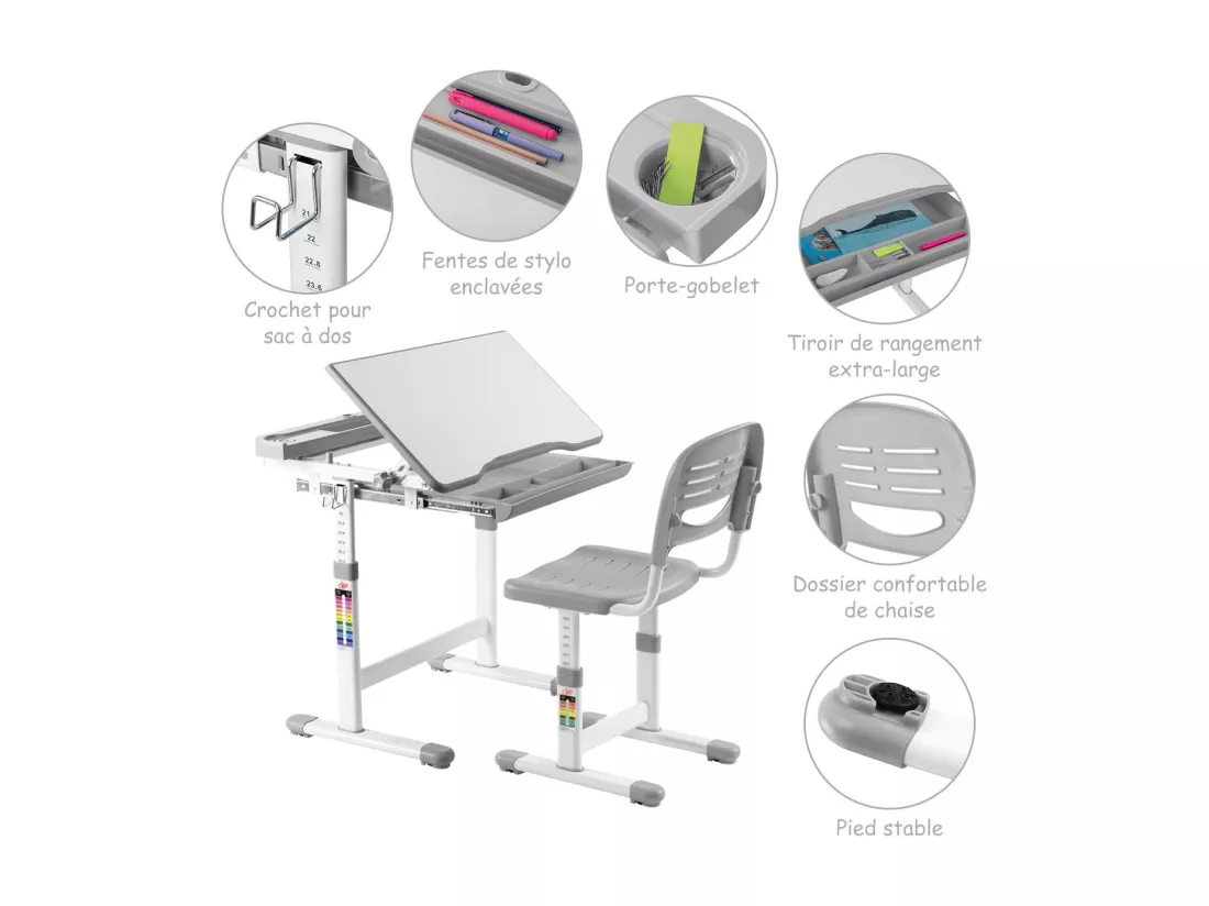 Bureau Enfant, Ensemble Table et Chaise pour Enfants avec Tiroir Hauteur Ajustable (Gris)