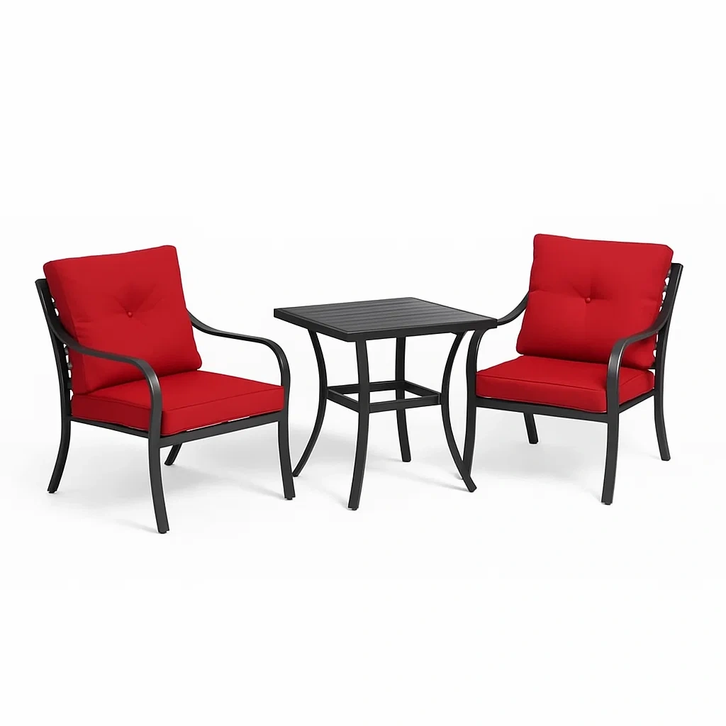 Ensemble de mobilier de jardin 3 pièces en métal avec coussins rouges