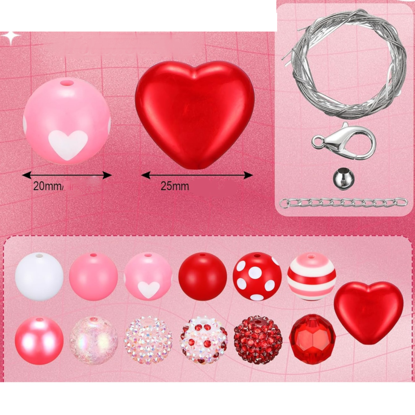 (95-tlg. Set) Grosse Strass Perlen DIY Bastel Schmuck Glitzer Zwischenperle Armband / Ketten Zubehör - Rosa / Rot